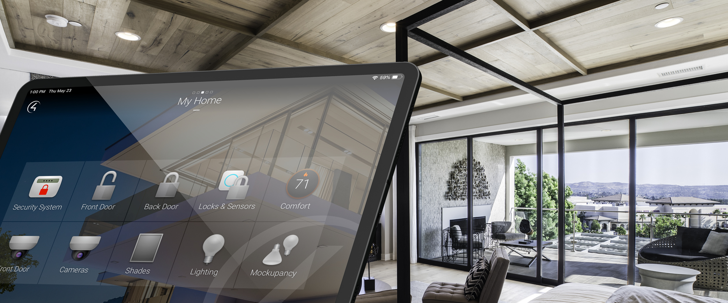 A tablet displaying a smart home automation dashboard sits in the foreground of a modern, luxury bedroom featuring large glass doors that open to a scenic outdoor patio.