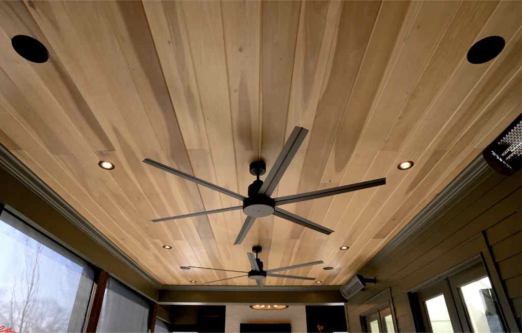 James Loudspeaker architectural in-ceiling speakers in a wooden ceiling with two black fans