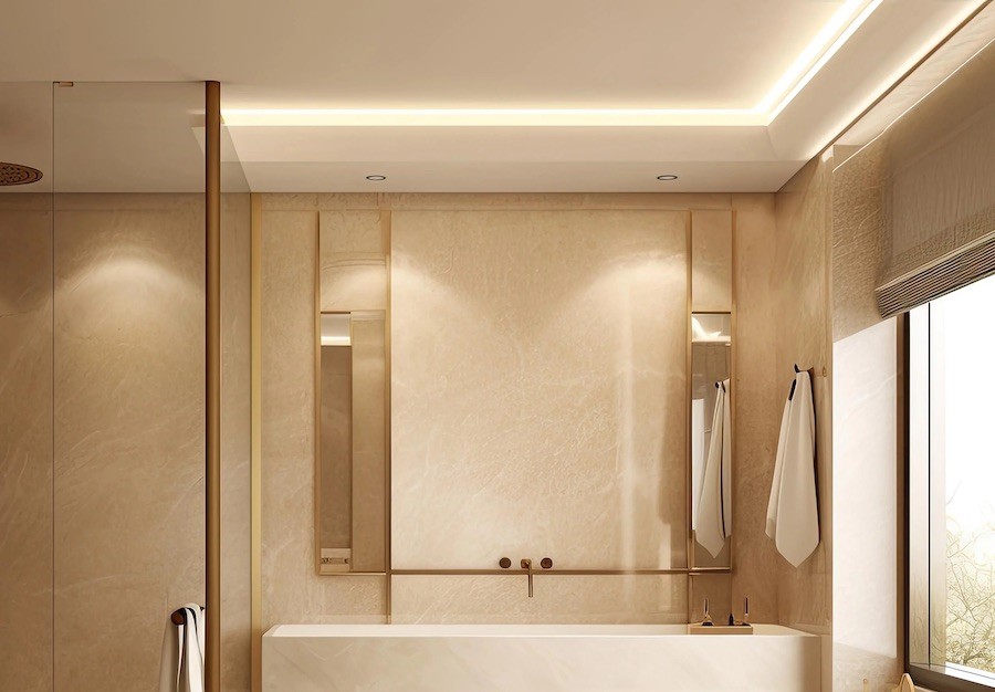 Lucetta linear lighting in a bathroom setting above a sink and vanity