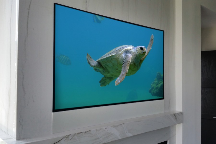 A large TV is mounted on the wall above a fireplace displaying a sea turtle. 