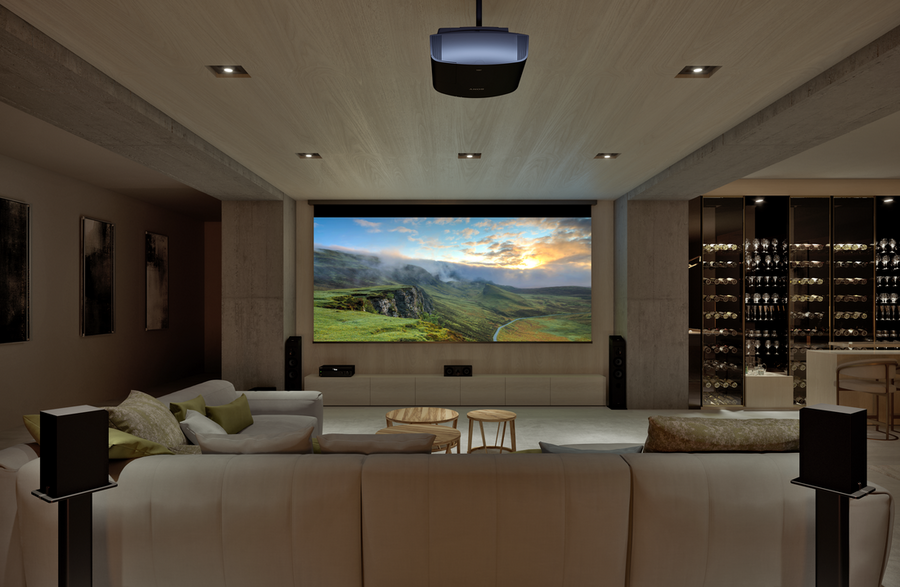 A luxury home theater with a top-quality projector displaying a landscape.