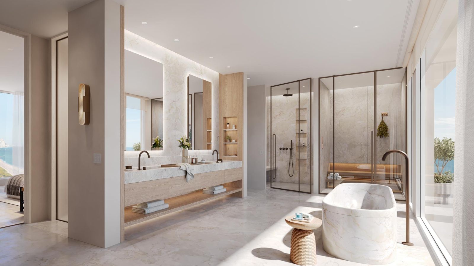 Bright living room with sheer motorized shades and ocean view through glass walls